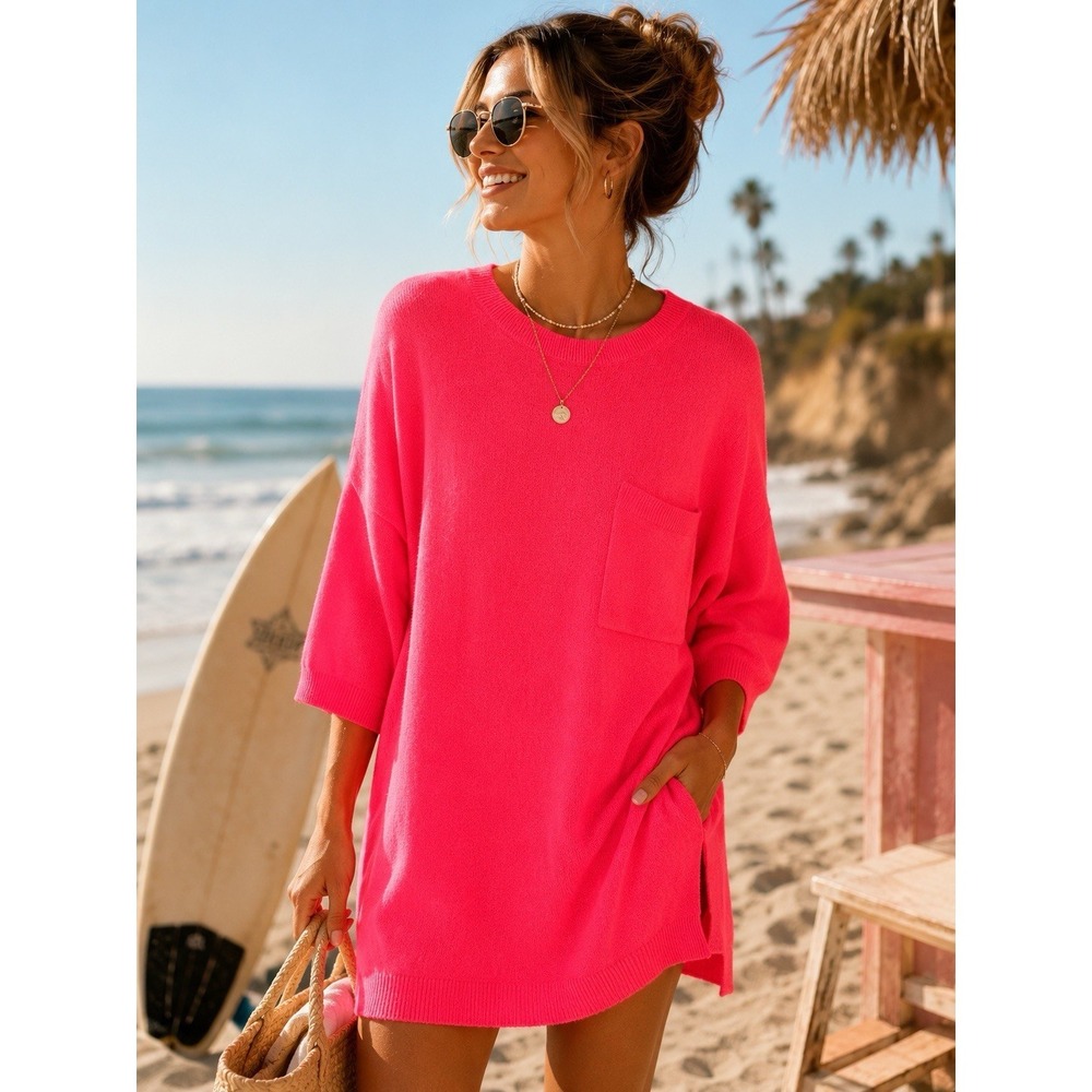 Gianni Bini Hot Pink Tunic Dress Pocket 3/4 Sleeve Women's Medium Beach Cover Up
